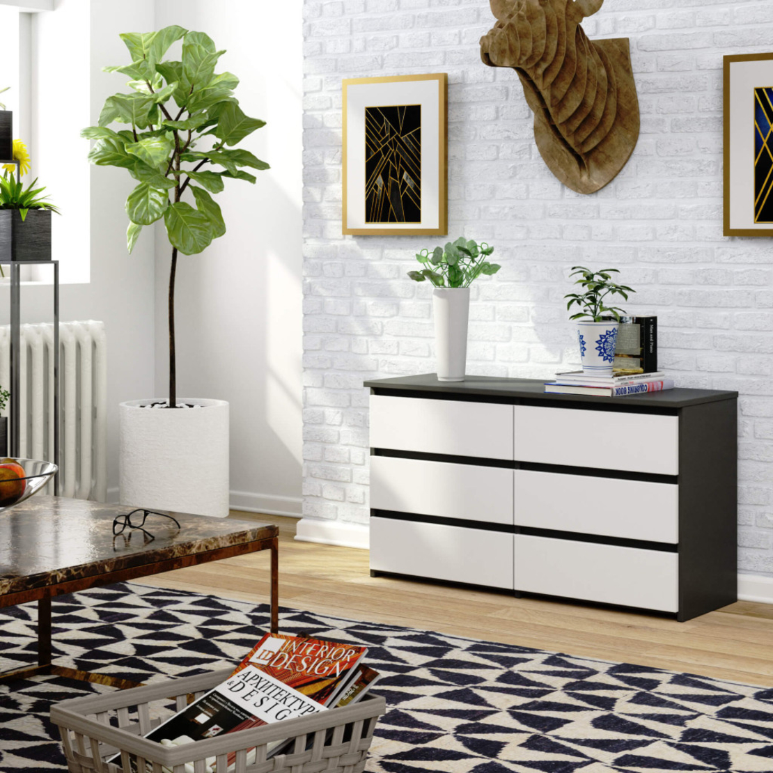 Comoda cu 6 sertare, PAL laminat, 100x35x57 cm, gri si alb