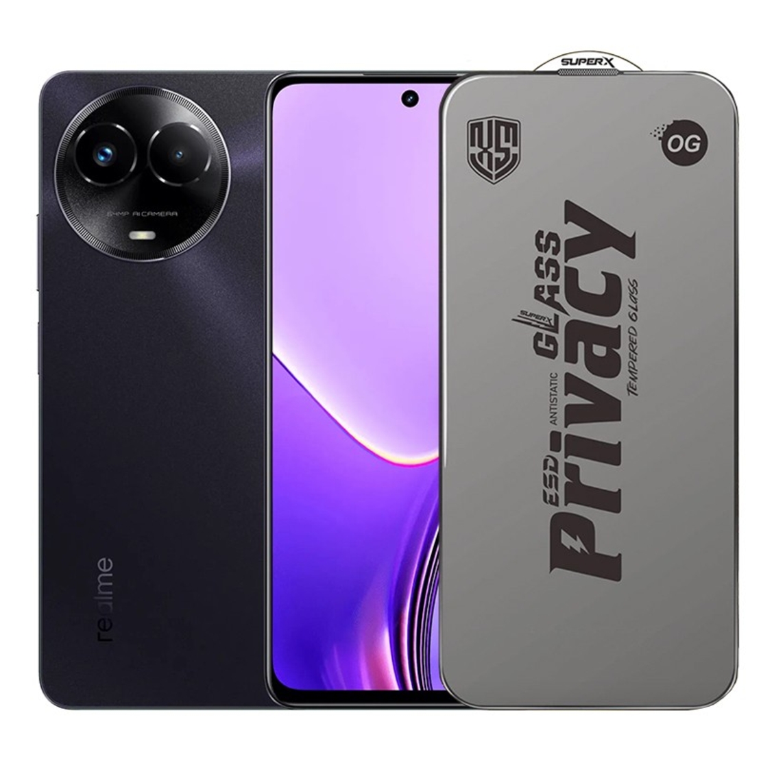 Folie de Protectie pentru Realme 11x, Vafy, Sticla Securizata ESD Antistatica, Super-X Privacy OG, Margini Negre, 0.30 mm, Transparent Inchis