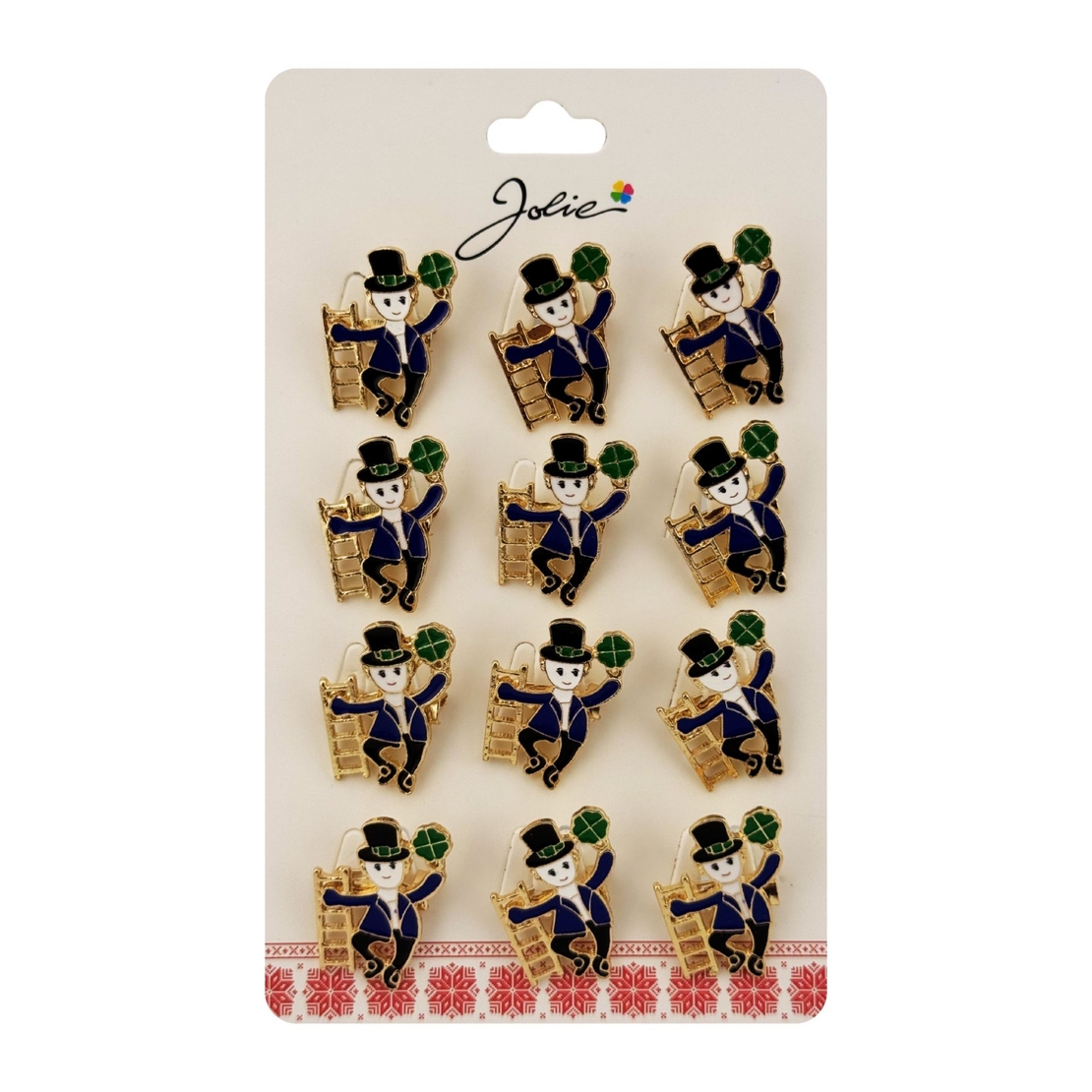 Brose Martisor Primavara Jolie, Set 12 Bucati, Model Elf cu Trifoi Norocos, Brosa din Metal, 3 x 2 cm per Bucata, Albastru inchis