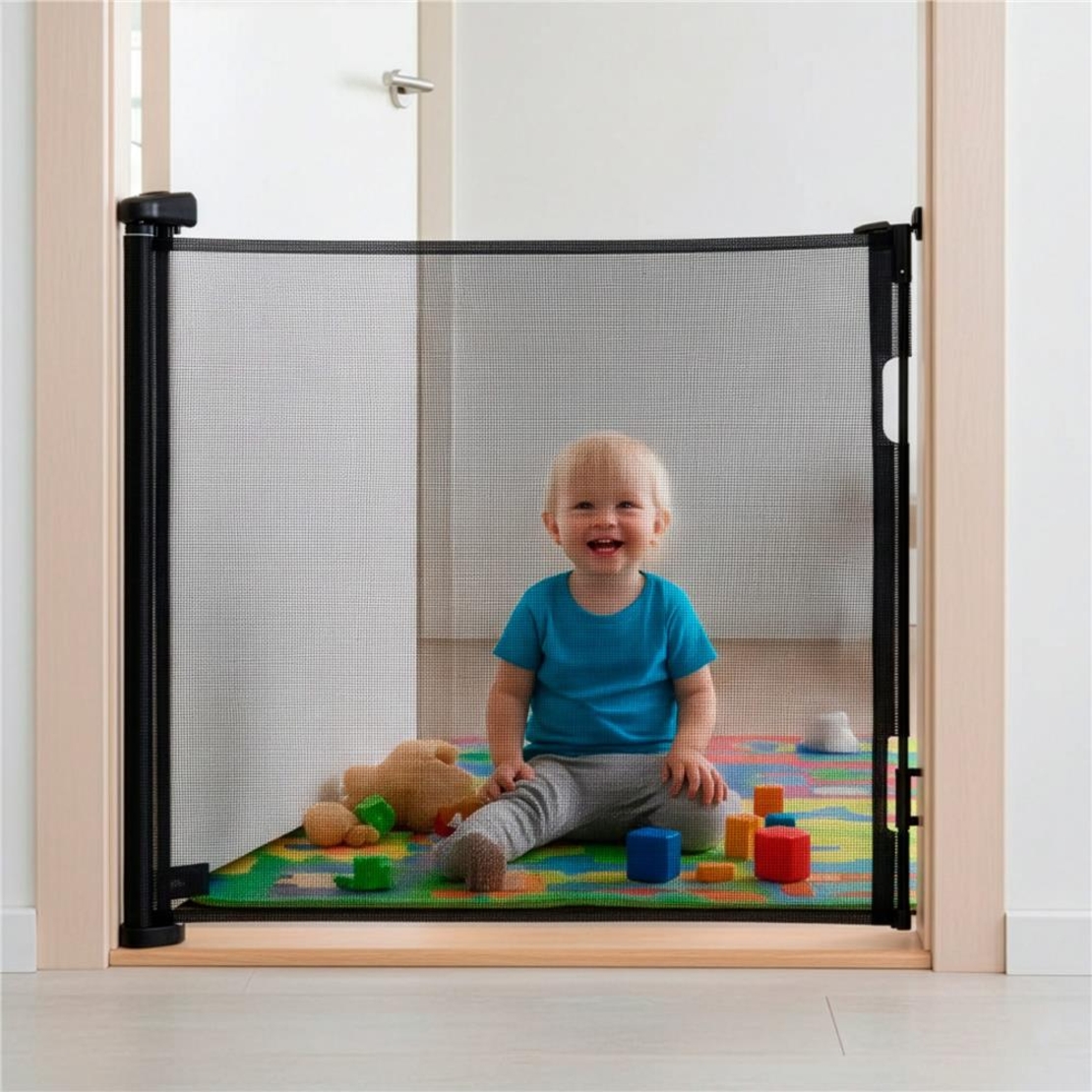Poarta de siguranta retractabila si extensibila, pentru copii sau animale de companie, 162x86 cm, negru