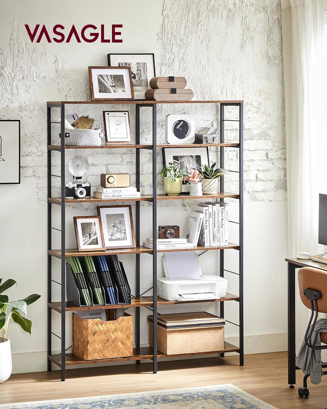 VASAGLE Biblioteca 6 rafturi, cadru metalic, stil industrial, 30x120x170 cm, maro rustic