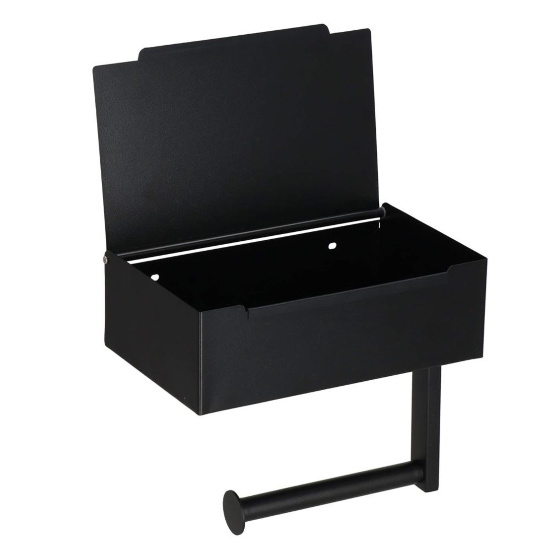 Suport hartie igienica din otel cu sertar depozitare, sistem montare inclus, 22cm, negru bej