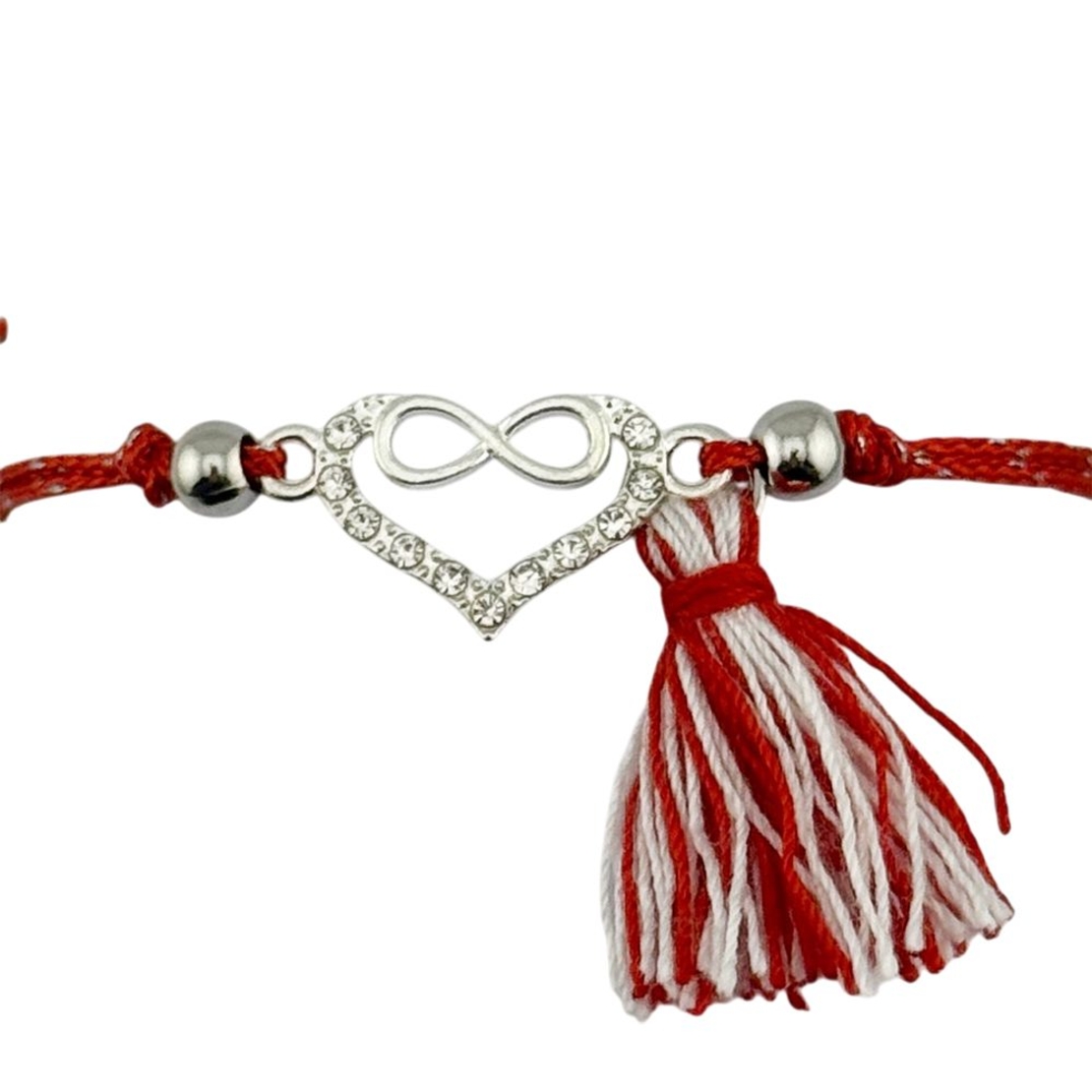 Martisor Bratara cu Ciucure pentru Dama, Jolie, Model Inima Infinit, Set 12 bucati, Pandativ din Inox cu Pietre, Snur Reglabil, Rosu/Alb