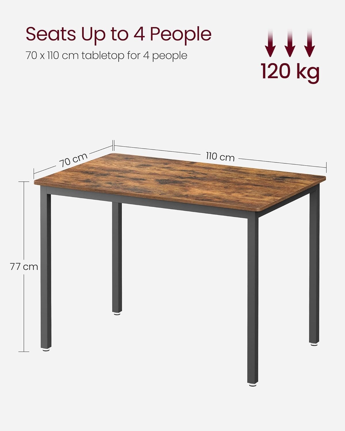 VASAGLE Masa de bucatarie pentru 4 persoane, cadru metalic, stil industrial, 110x70x77 cm, maro rustic