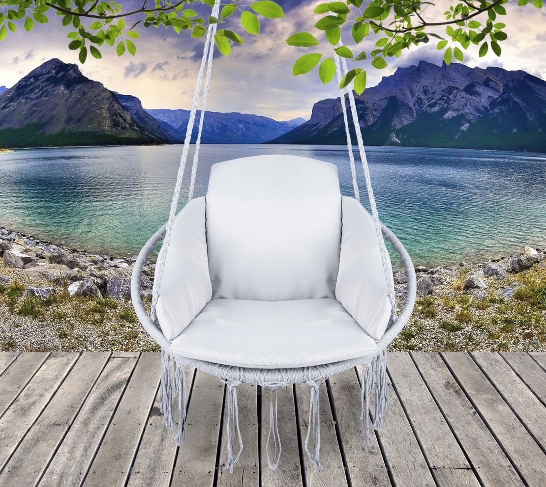 Scaun rotund Sersimo tip leagan suspendat cu perna Confort casa sau gradina, gri