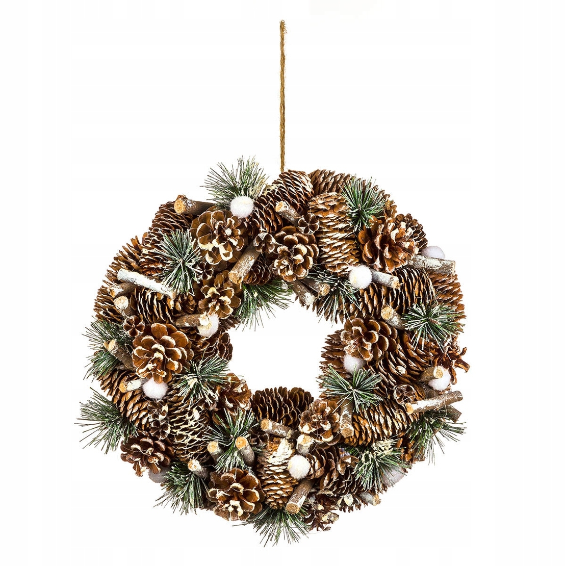Coronita decorativa cu conuri si ramuri cu sclipici, diametru 34 cm, bej