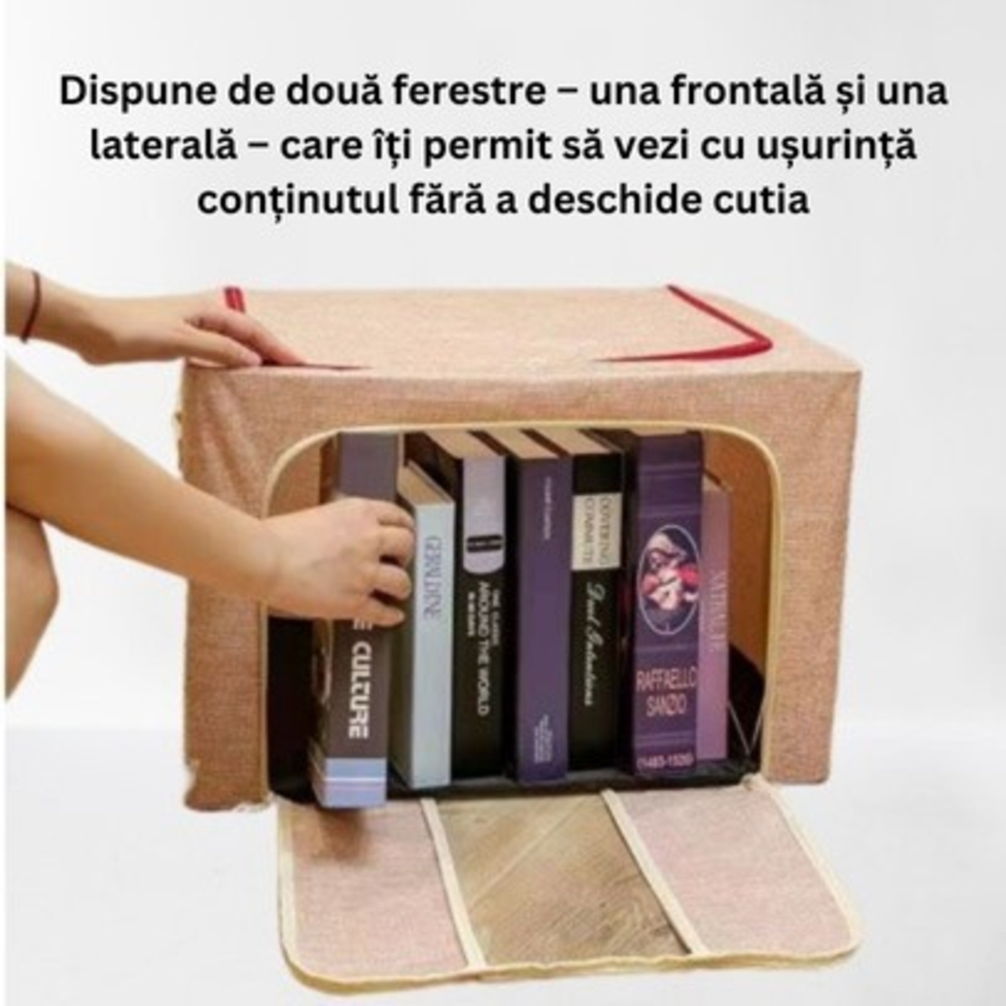 Cutie de Depozitare Pliabila, Flippy, 100 L, din Bumbac si In, 60x42x40 cm, Fereastra Frontala, 2 Usi de Acces cu Fermoar Bidirectional, Cadru Metalic, Suport Baza Stabil din Plastic, Roz Pudrat