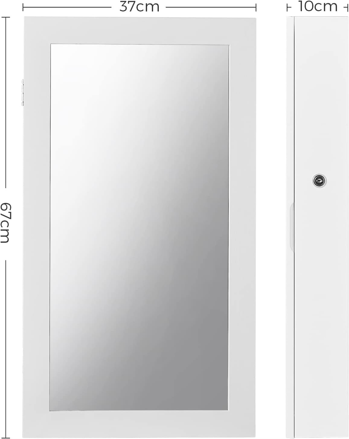 SONGMICS Dulap de bijuterii cu oglinda, montare pe perete, incuietoare, 37x11x67cm, alb