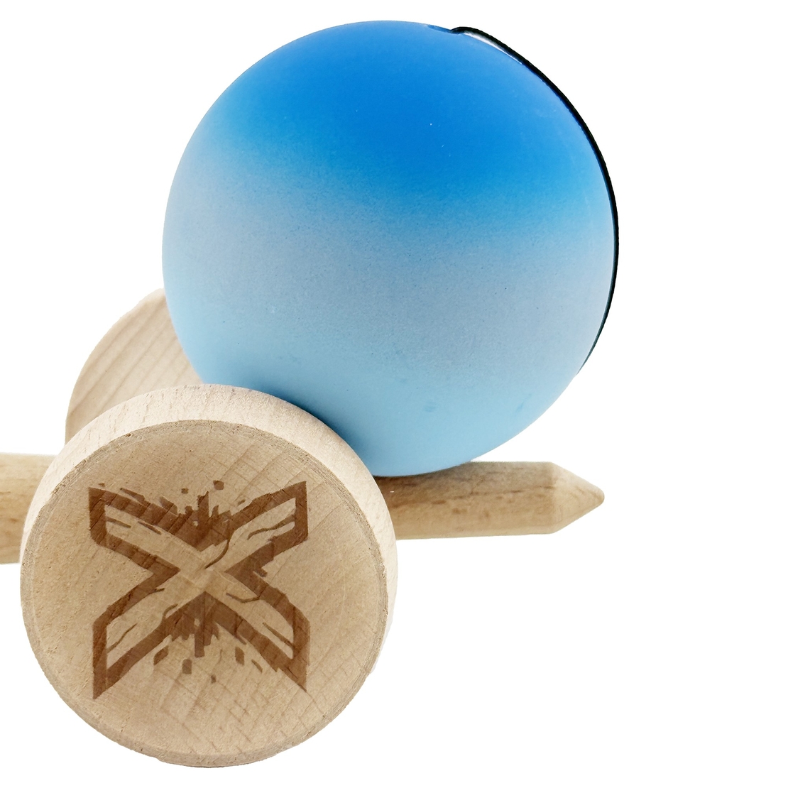 Kendama X Originala, Profesionala, Flippy, Cupe Mari KING SIZE V3, Rubber Grip, Gaura in Baza, Rulment Metalic, din lemn 18 cm, Ata 62/65 cm, Gradient Albastru/Gri/Albastru deschis