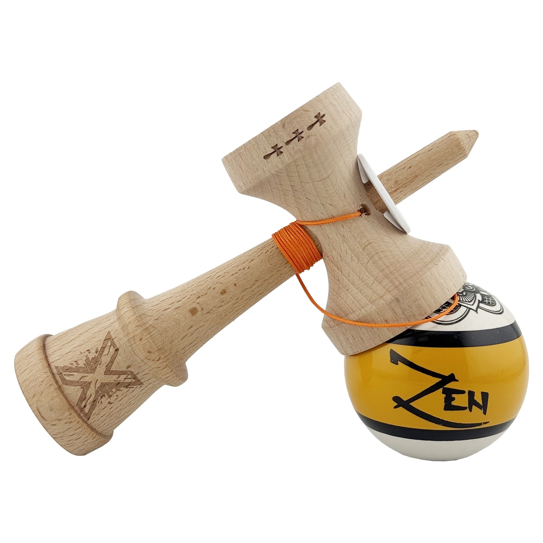 Kendama X Zen Series Originala, Profesionala, Flippy, Cupe Mari KING SIZE V3, Super Sticky, Gaura in Baza, Rulment Metalic, din lemn 18 cm, Ata 62/65 cm, Auriu