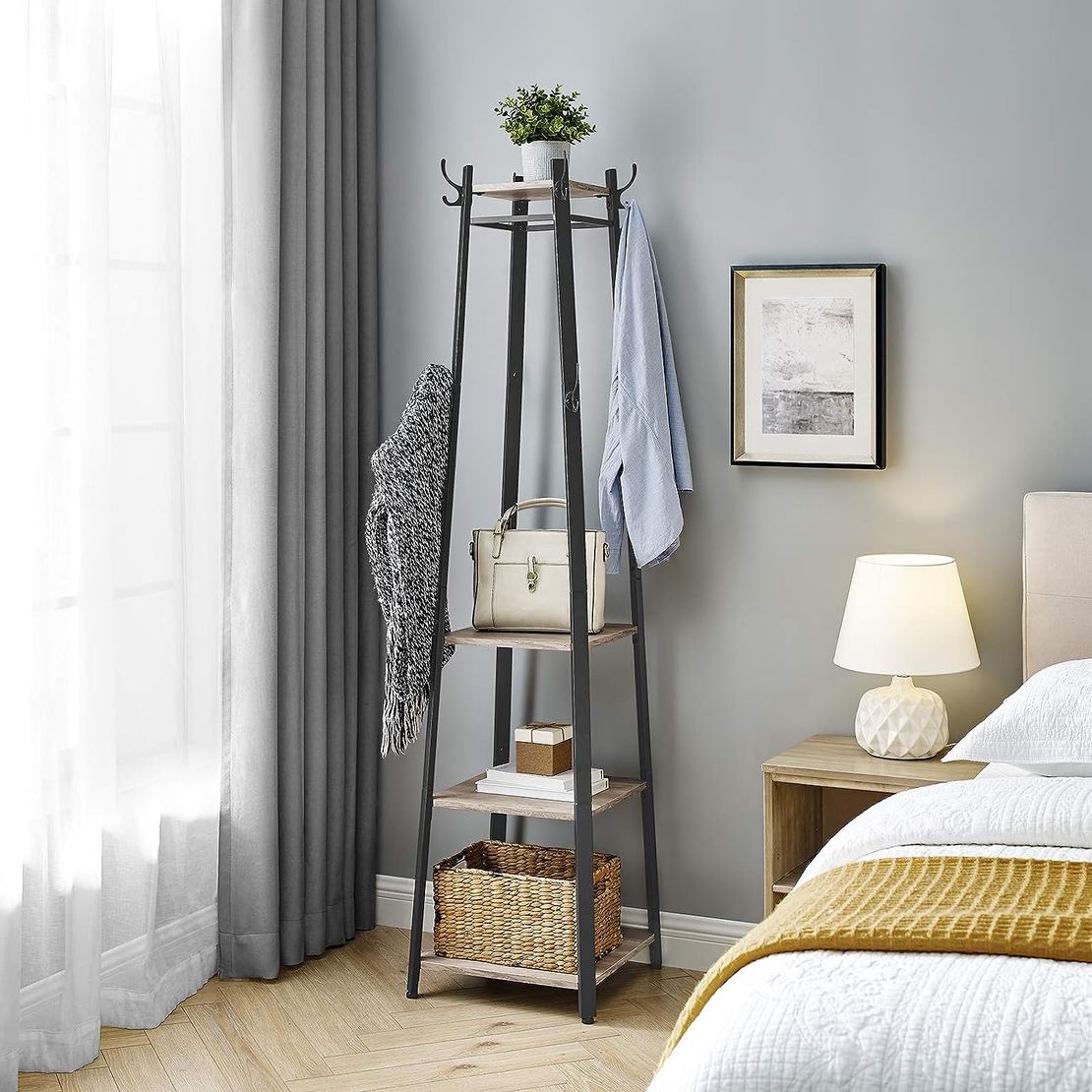 VASAGLE Cuier de haine cu 3 rafturi, suport cu carlige, din otel, 43x43x180 cm, stil industrial, gri si negru