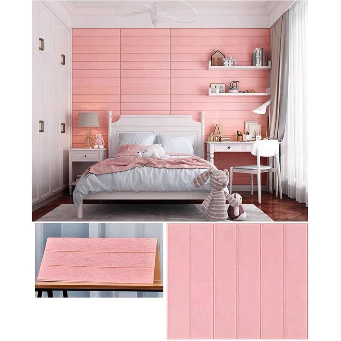 Set 10 Placi Tapet 3D, Vafy, 70 x 70 cm, Grosime 3 mm, din Rasina, Tip Placi de Lemn, Suprafata Acoperita 4.9 mp, Roz Pudrat