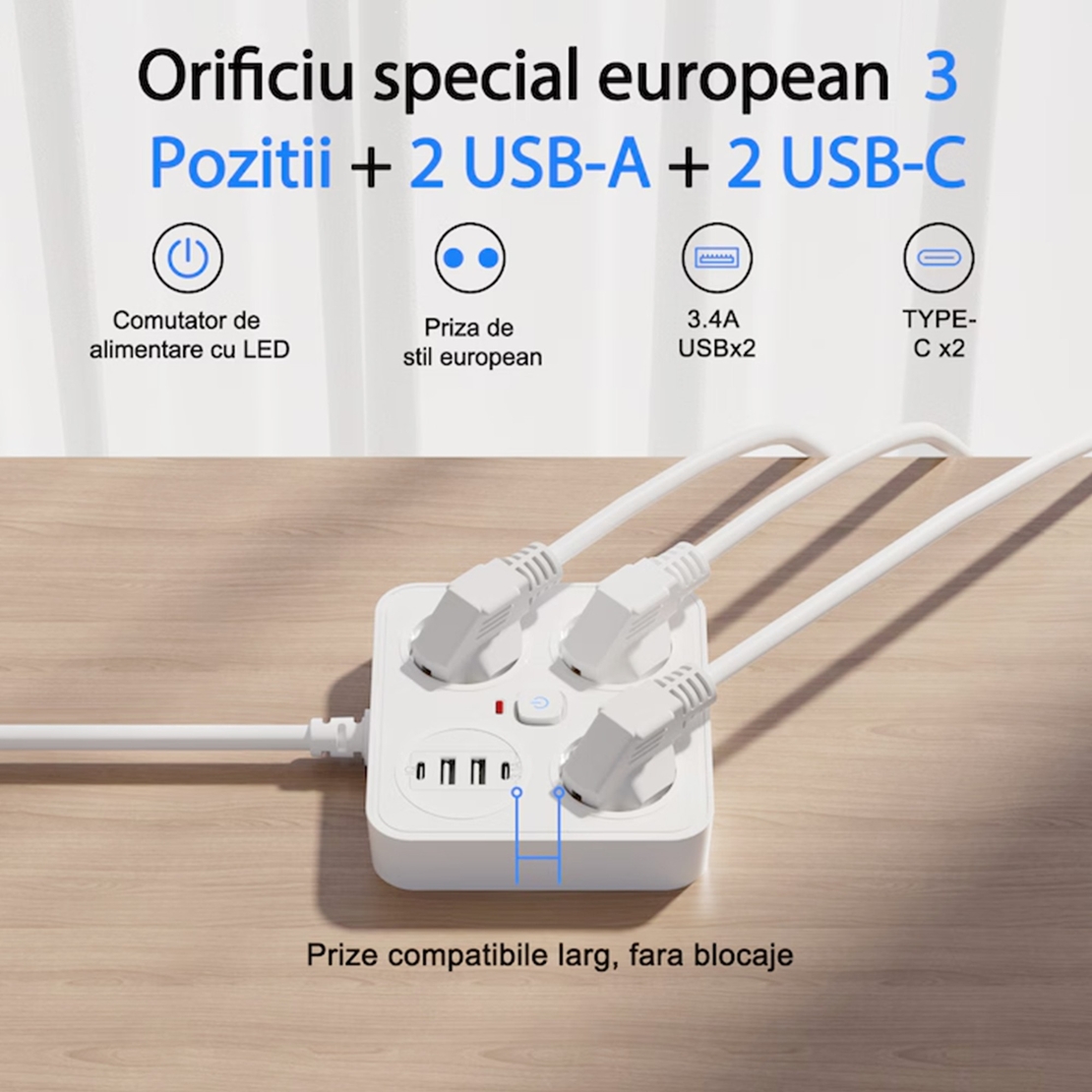 Prelungitor Multifunctional pentru Birou, Vafy, 3 Prize, 2 USB-A, 2 TYPE-C, Suport pentru Telefon, 3250W, Lungime Cablu 2 m, 11.4 x 12.4 cm, Alb