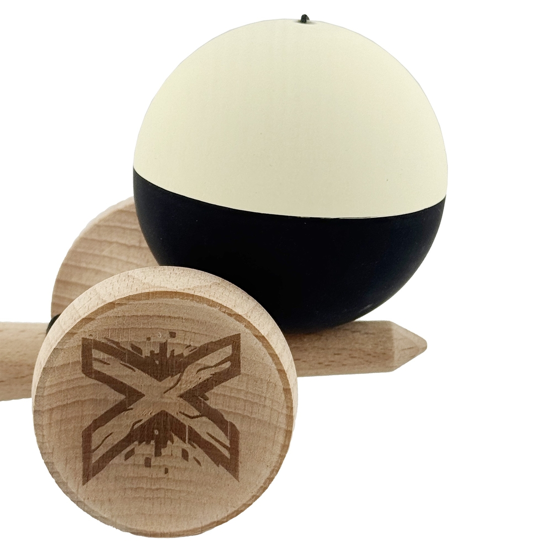 Kendama X Originala, Profesionala, Flippy, Rubber Grip, Cupe Mari KING SIZE V3, Gaura in Baza, Rulment Metalic, din lemn 18 cm, Ata 62/65 cm, Bicolor Galben/Negru