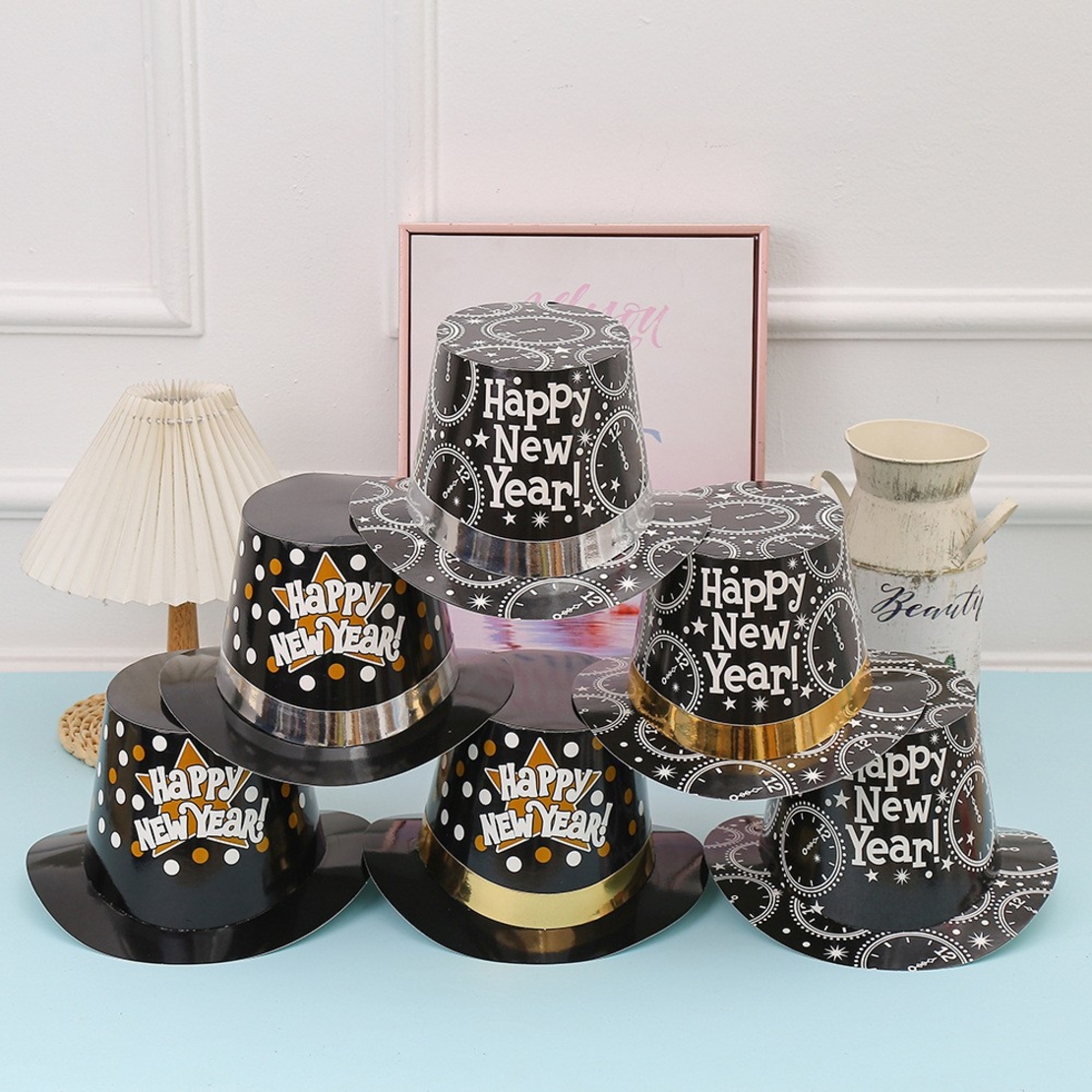 Palarie Tip Lincoln, Flippy, Model Happy New Year cu Buline, Accesoriu Petrecere de Anul Nou, Marime Universala, din Carton, Negru/Auriu