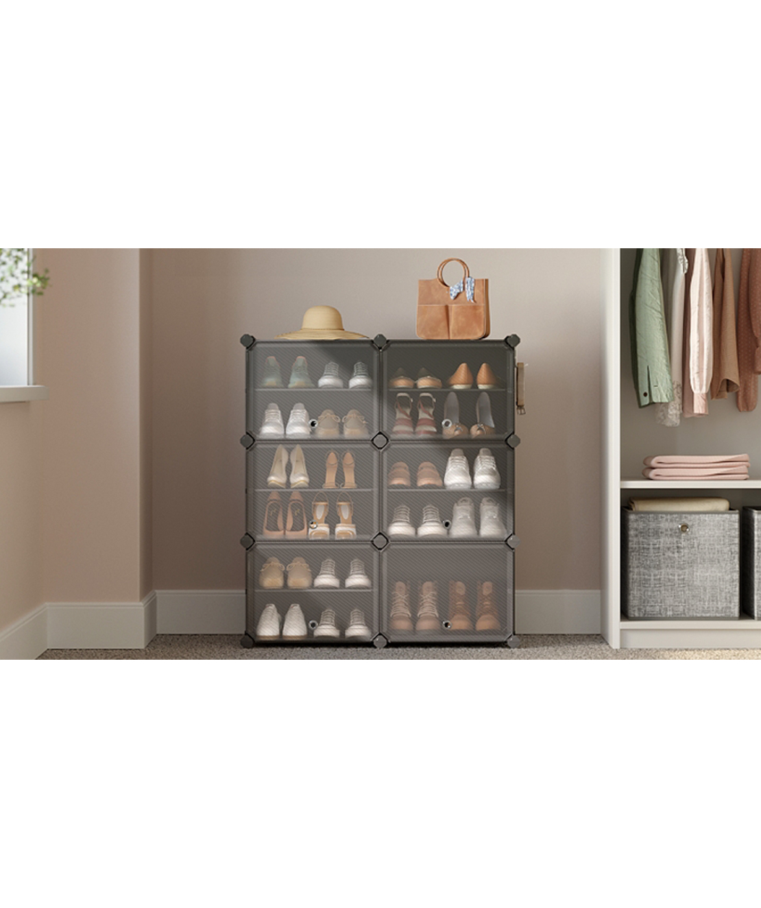 SONGMICS Dulap pantofi modular cu 6 compartimente, panouri plastic si cadru metalic, 83x32x94 cm, pana la 24 perechi, negru