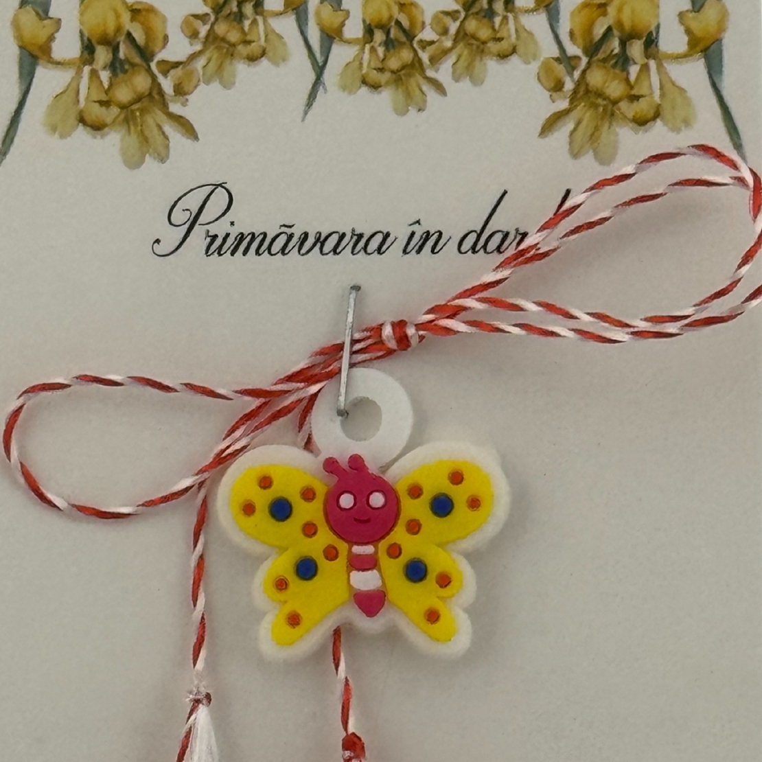 Martisor pentru Copii, Jolie, Material Cauciuc, Ambalaj Carton cu Design, Multicolor, Model Fluturas