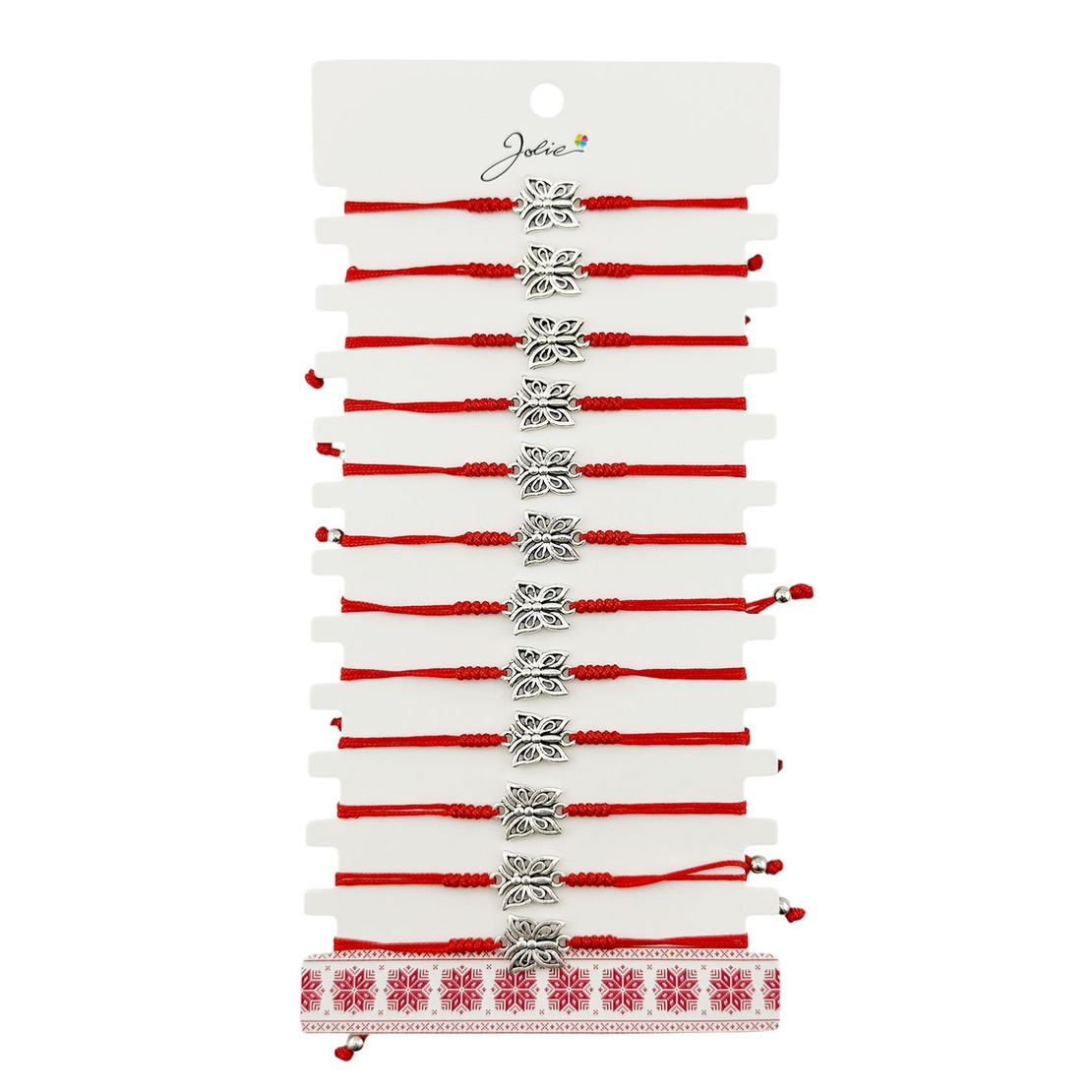 Martisor Bratara Impletita cu Pandantiv din Inox, Jolie, pentru Dama, Set 12 bucati, Snur Rosu Textil, Dimensiune Reglabila, Model Fluture
