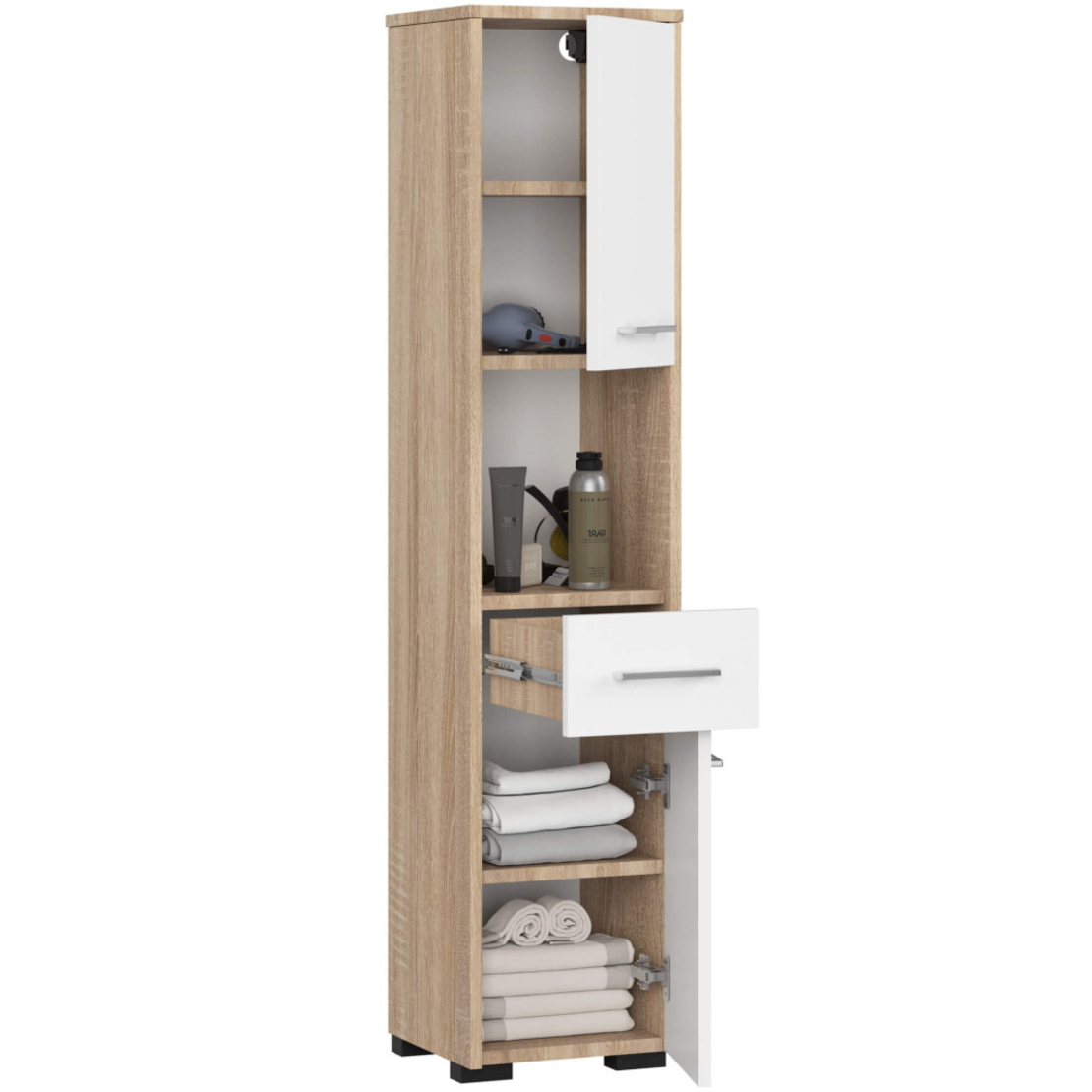 Dulap baie tip coloana cu 2 usi, 1 sertar si rafturi interioare, PAL laminat, 30x30x140 cm, stejar sonoma si alb