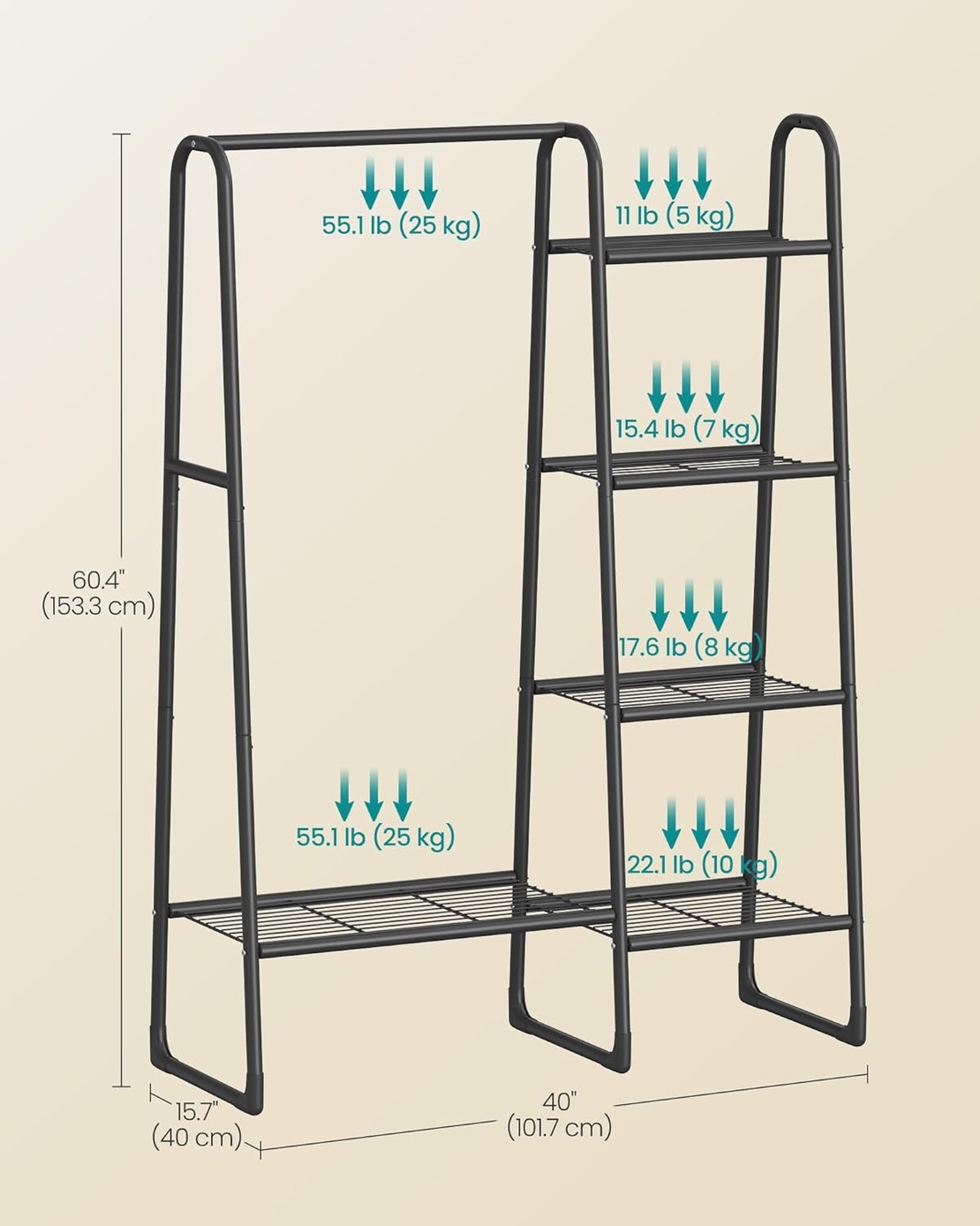 SONGMICS Cuier cu 5 rafturi si bara pentru haine, structura metalica, stil industrial, 40x102x153 cm, negru