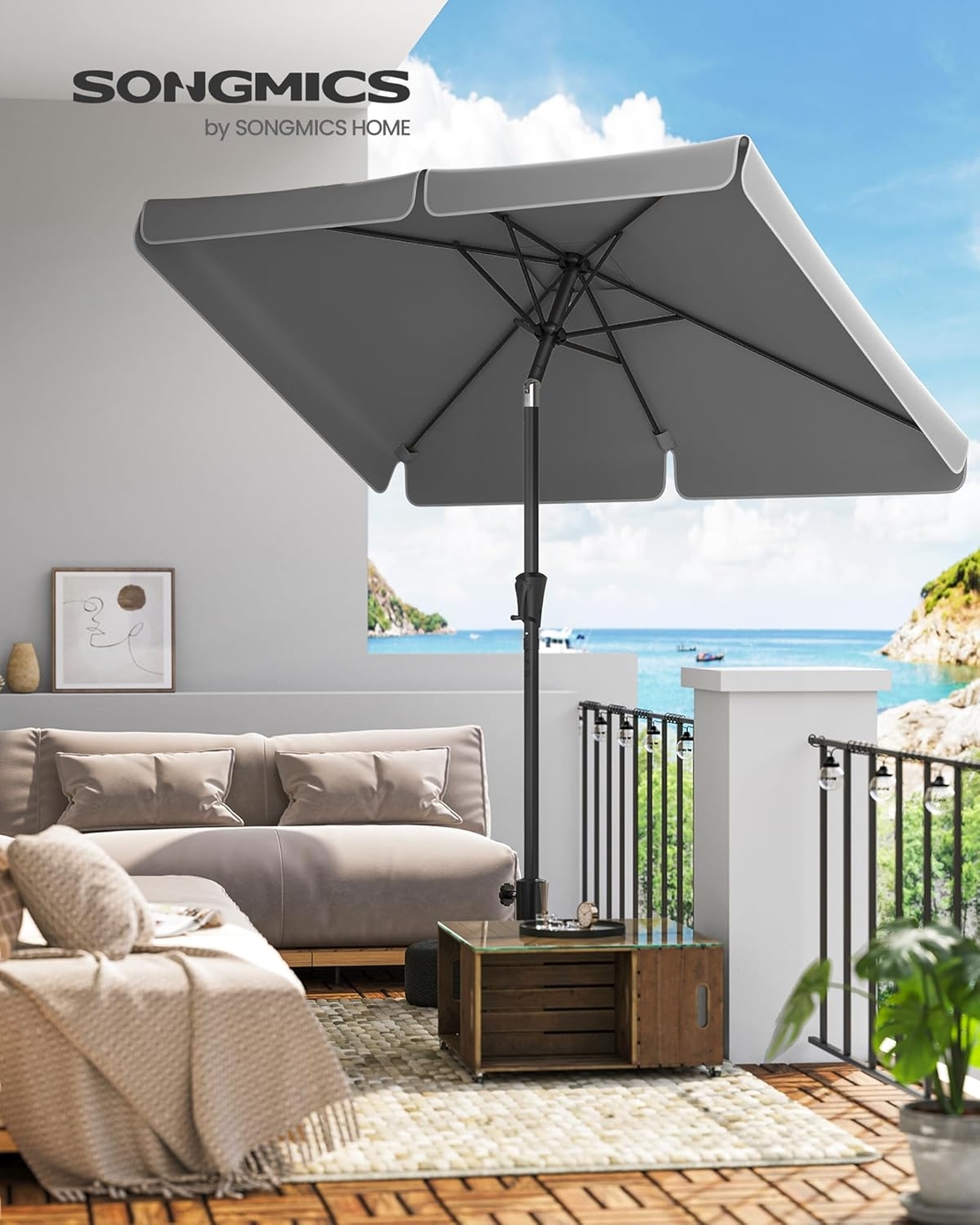 SONGMICS Umbrela de gradina cu manivela, UPF 50+, inclinare 30°, structura metalica, 300x200 cm, gri