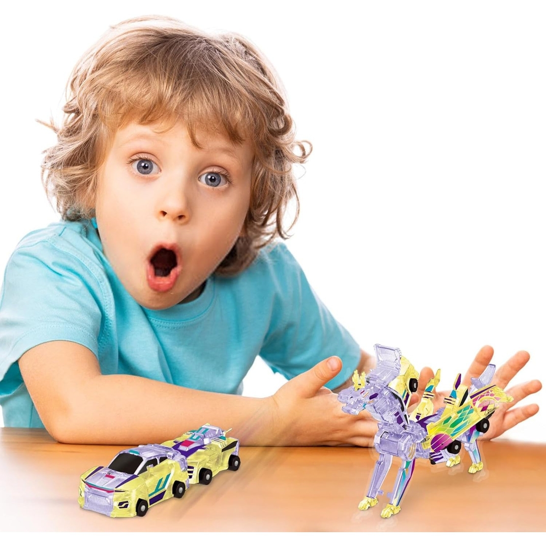 Jucarie Transformabila 2in1, Flippy, Crystal Wing Flying Dragon, Masina/Dragon, Atractie Magnetica, Fluorescent, +3 Ani, din ABS, Multicolor
