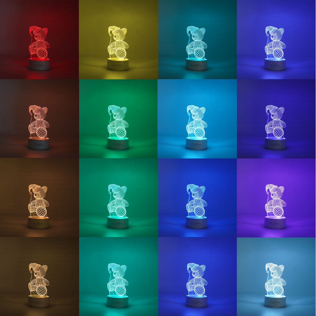 Lampa LED decorativa, Flippy, 3D, Urs cu palarie, cu telecomanda, doua moduri de alimentare USB si baterii, 20 cm inaltime, din material acril si lumina multicolora, alb