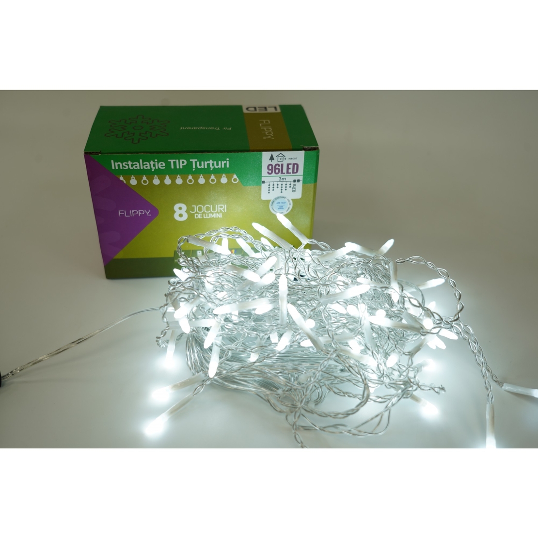 Instalatie de Craciun Vafy® Tip Turturi, 8 jocuri de lumini Sectiune 3 m, 96 LED-uri, Interconectabila, Fir Transparent, Alb Rece