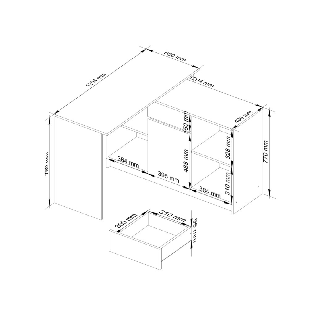 Birou de colt cu sertar, usa si 6 rafturi, fronturi MDF lucios, 120x126x79 cm, alb si negru lucios