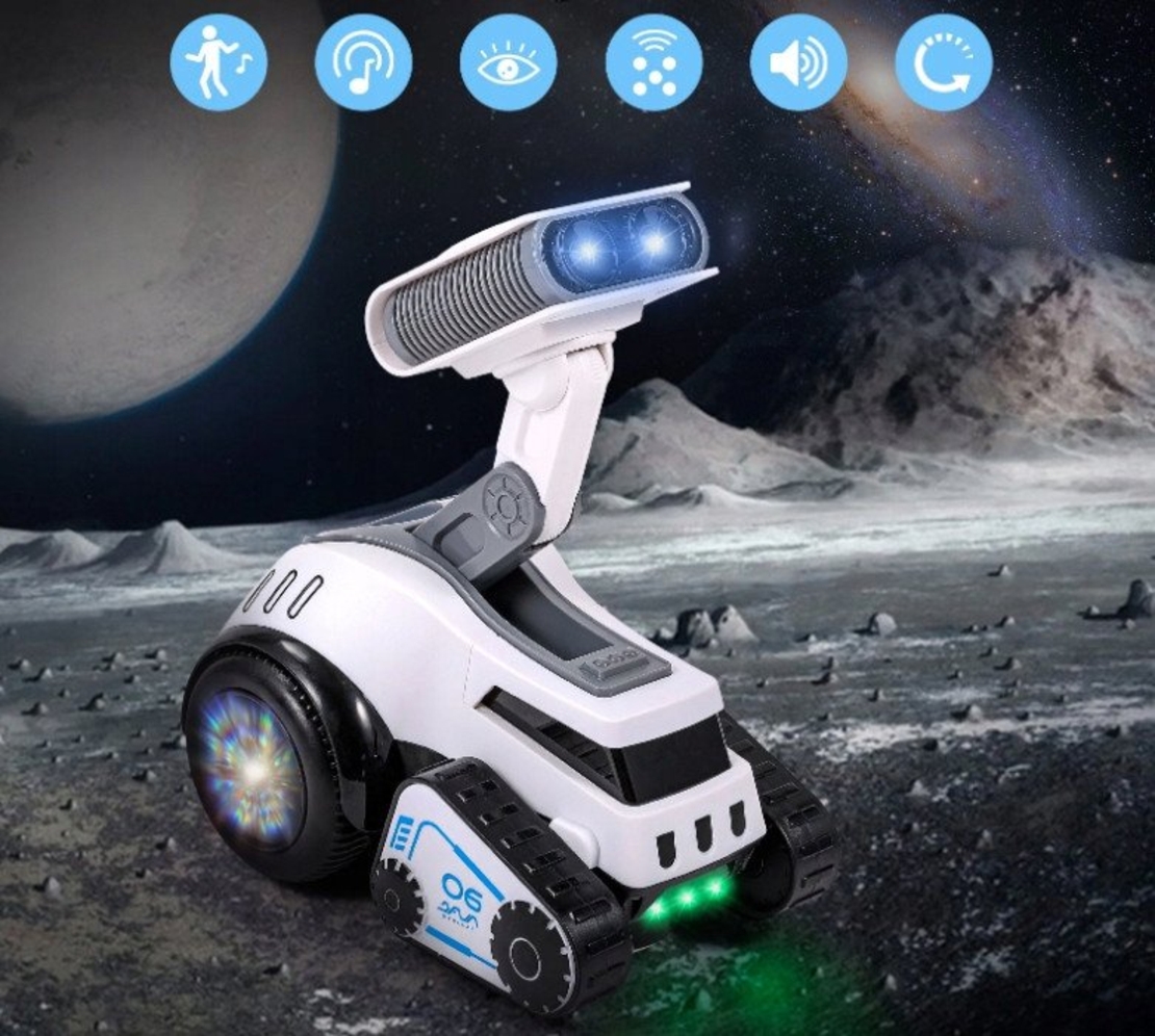 Robot rover interactiv pentru copii cu muzica, lumini, dans si invatare engleza, 19x16x11 cm, alb
