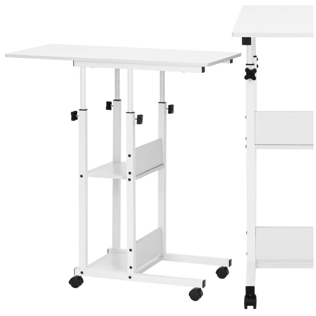 Birou reglabil pe inaltime cu rafturi si roti, blat din lemn si structura metalica, 80x40x76-86 cm, alb
