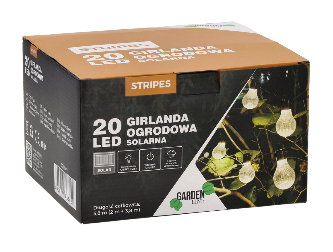 Ghirlanda luminoasa, LED, model Stripes, 20 becuri, 580cm, incarcare solara, lumina alb cald