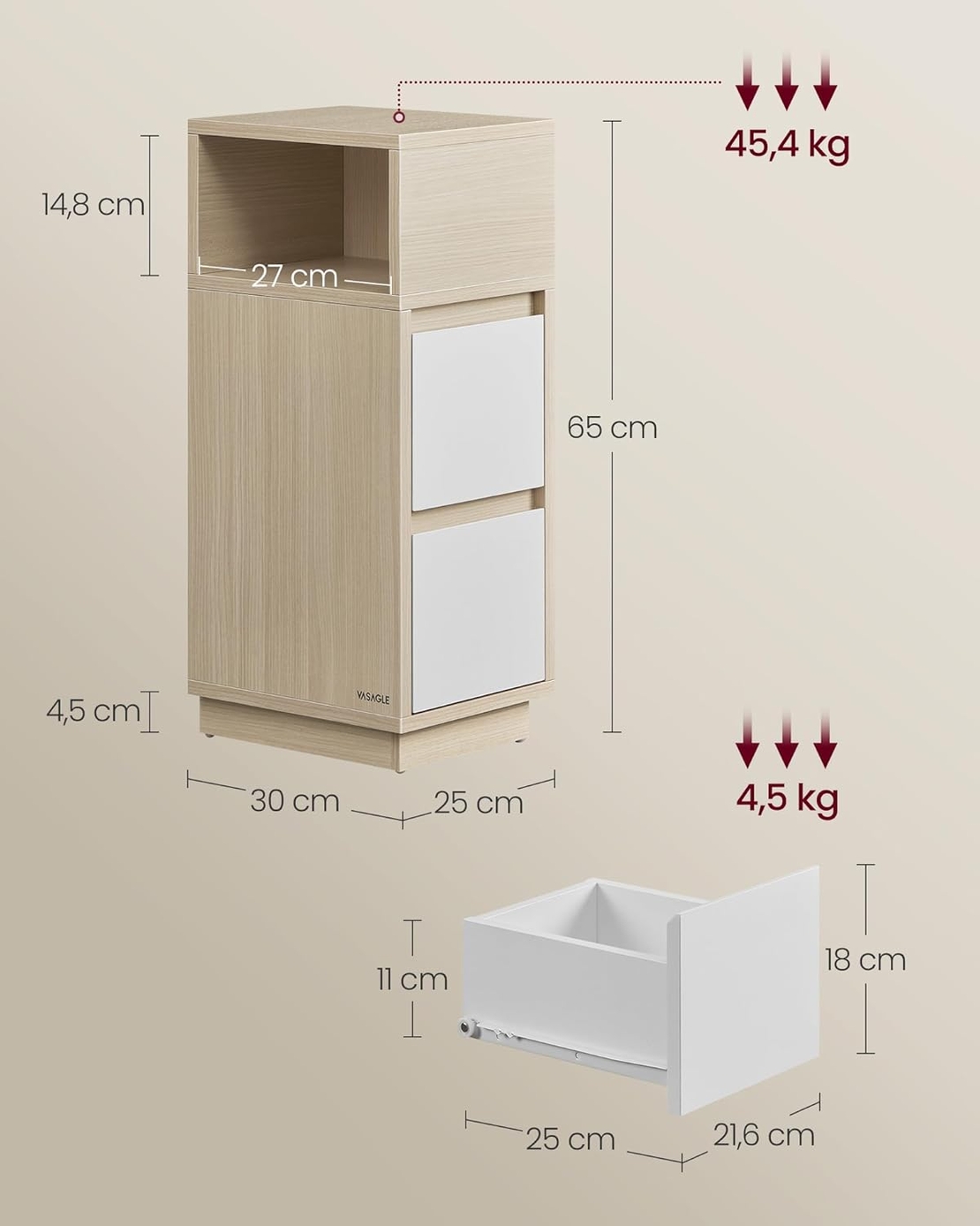 VASAGLE Noptiera ingusta cu 2 sertare, montaj stanga - dreapta, 30x25x65 cm, bej si alb