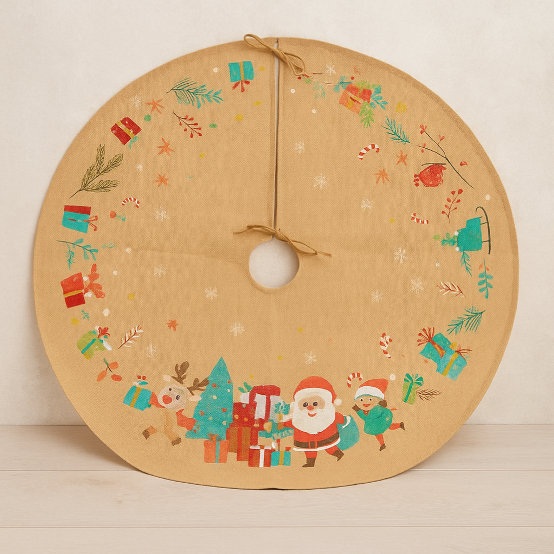 Covoras de pus sub bradul de Craciun, diametru 90 cm, model Mos Craciun, iuta, bej