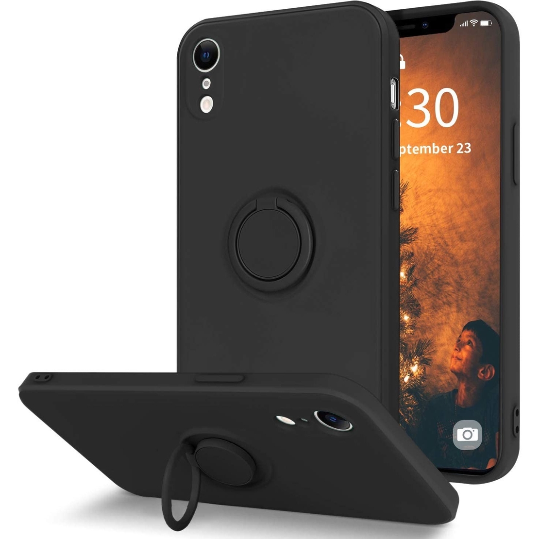 Husa protectie Vafy compatibila cu Apple iPhone XR Liquid Silicone Ring cu suport rotativ Negru
