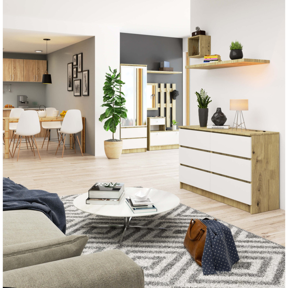 Comoda cu 6 sertare, PAL laminat, 120x40x77 cm, stejar artisan si alb