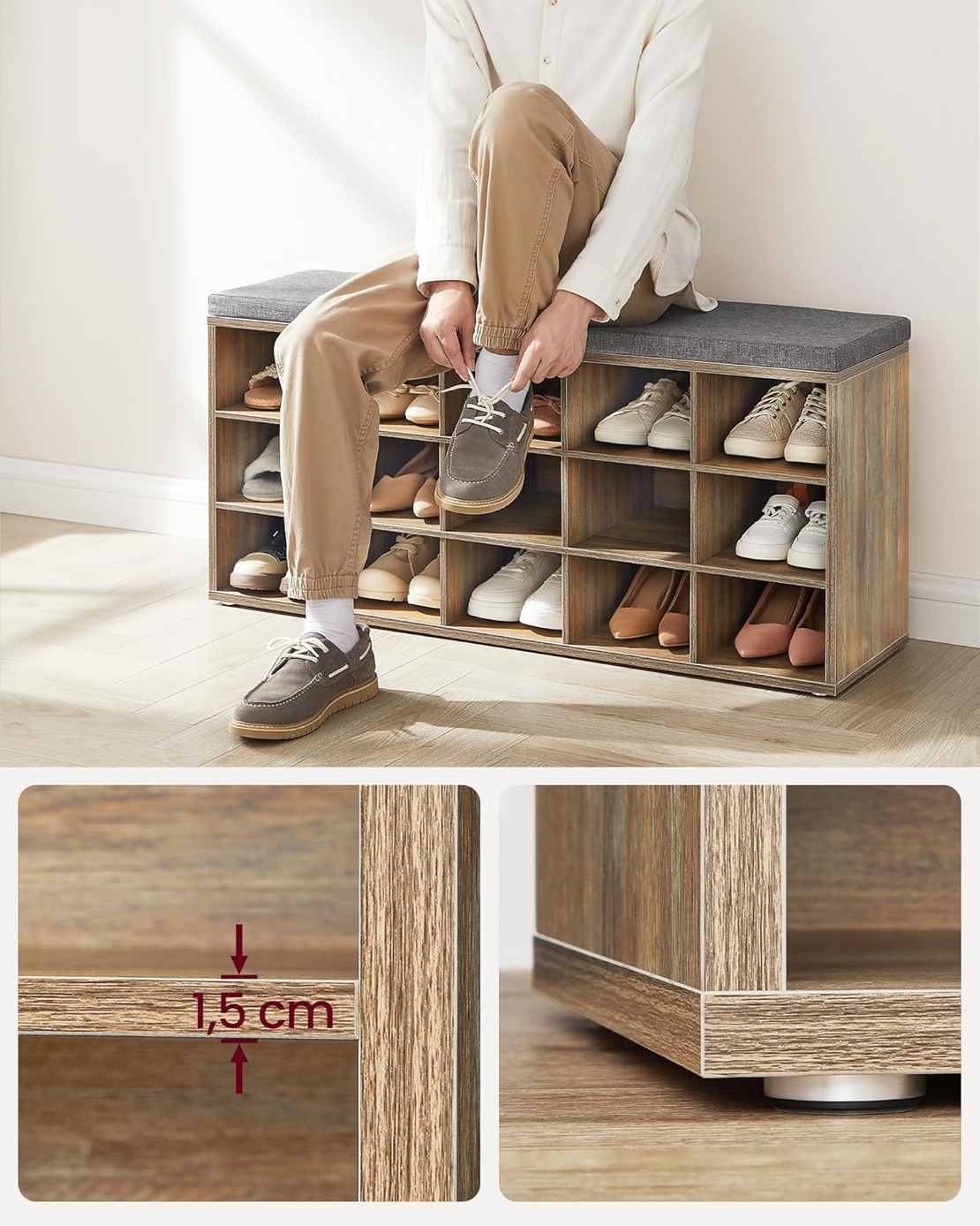 VASAGLE Banca pantofi cu sezut si perna, 15 compartimente deschise, PAL, 105x30x48 cm, gri stejar