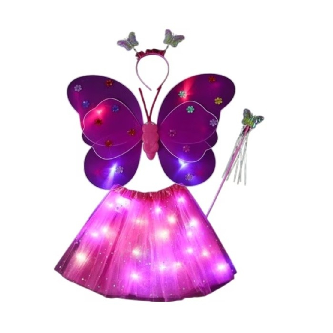 Costum Fluturas cu Aripi Modelabile Luminoase pentru Copii, Flippy, Fusta din Tul cu Lumini, Bagheta si Bentita, 4 piese, Pentru Halloween, Roleplay, Craciun, Carnaval, Paste, Ziua Copilului, Bumbac/Poliester, Marime universala, Roz-Rosu