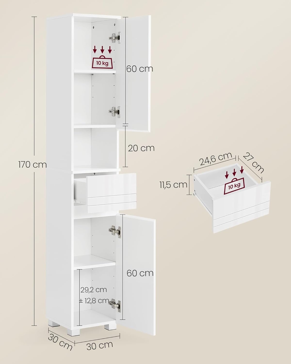 VASAGLE Dulap de baie tip coloana, din MDF, cu sertar si 2 usi, 30x30x170cm, alb