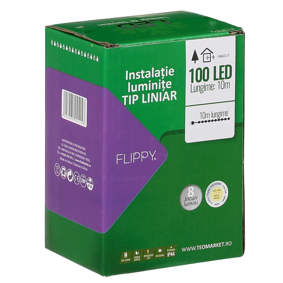 Instalatie Craciun liniara, cu transformator 31V, 10m, alb cald, 100 LED-uri V5, 8 jocuri de lumini, Fir verde, Vafy