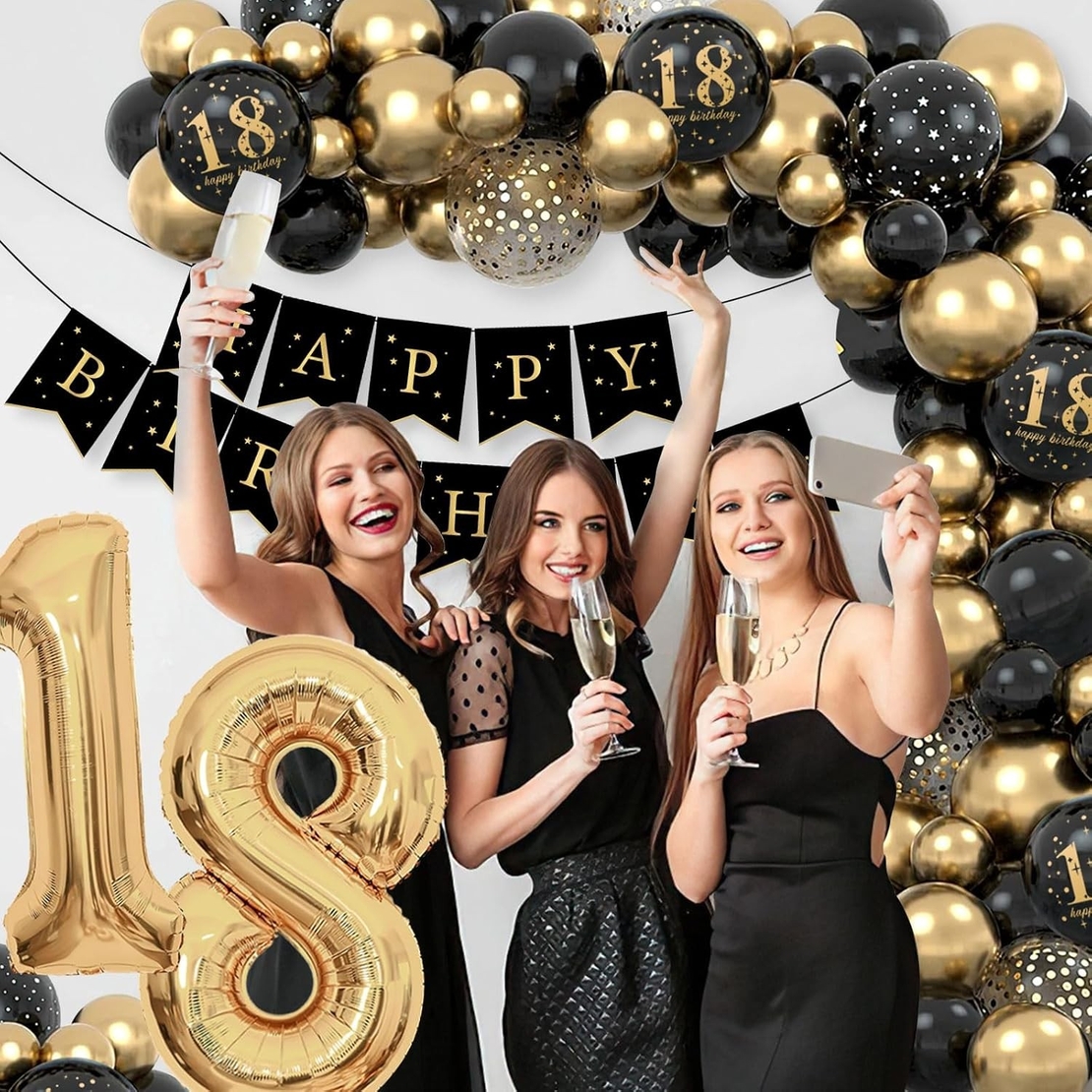 Set Baloane Folie si Latex, Flippy, Tematica Aniversare Majorat, Baloane Latex, Figurine Cifrele 1 si 8, Ambalaj Individual, Pai Inclus, Umflare cu Aer sau Heliu, Auriu Negru
