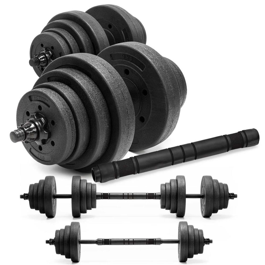 Set gantere si bara ajustabila 20 kg, 12 discuri, conector metalic cu spuma, negru