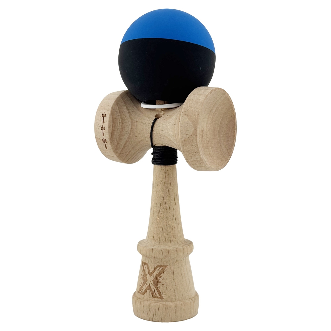 Kendama X Originala, Profesionala, Flippy, Rubber Grip, Cupe Mari KING SIZE V3, Gaura in Baza, Rulment Metalic, din lemn 18 cm, Ata 62/65 cm, Bicolor Albastru/Negru