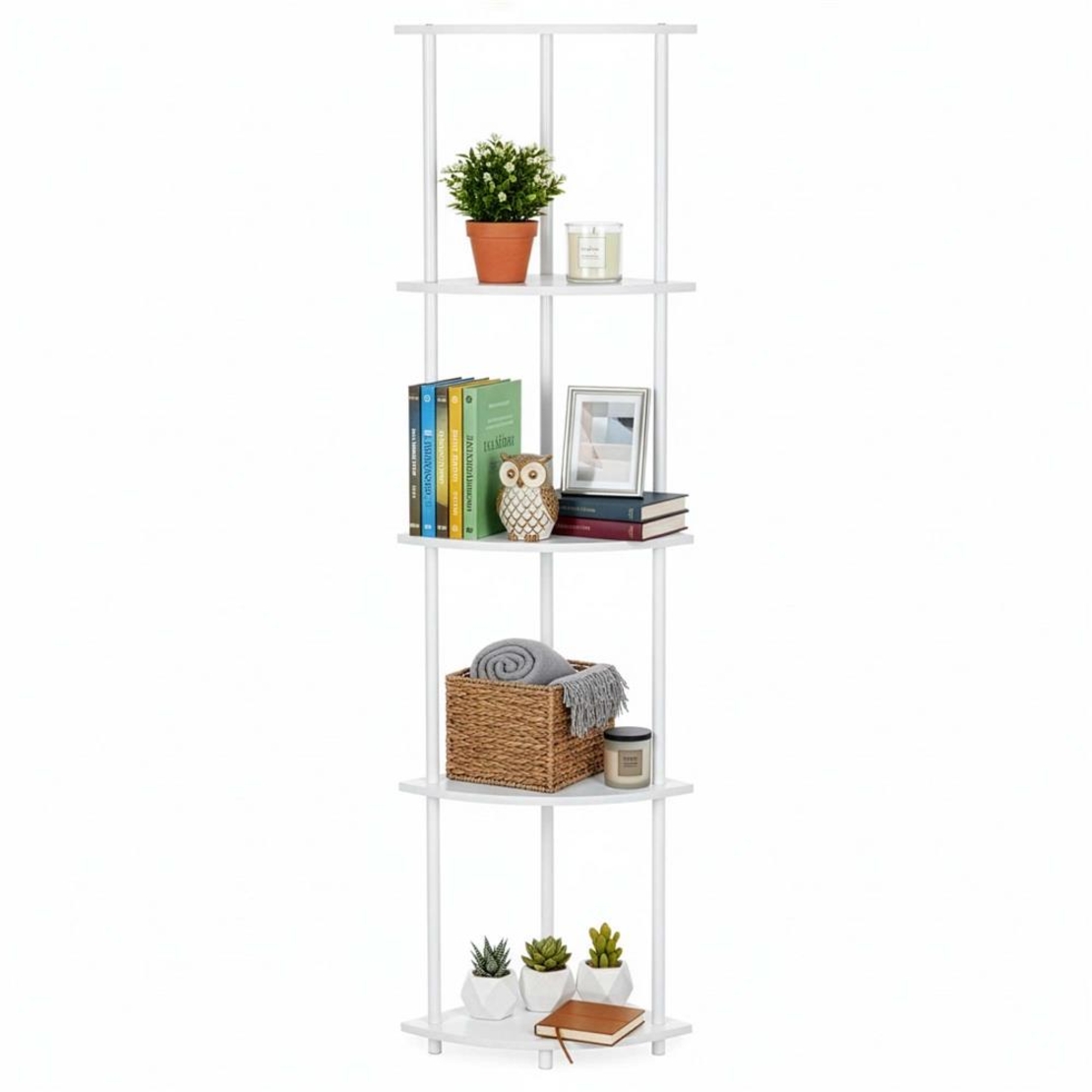 Raft de colt cu 5 polite, MDF, cadru metalic, 148x30x30 cm, alb