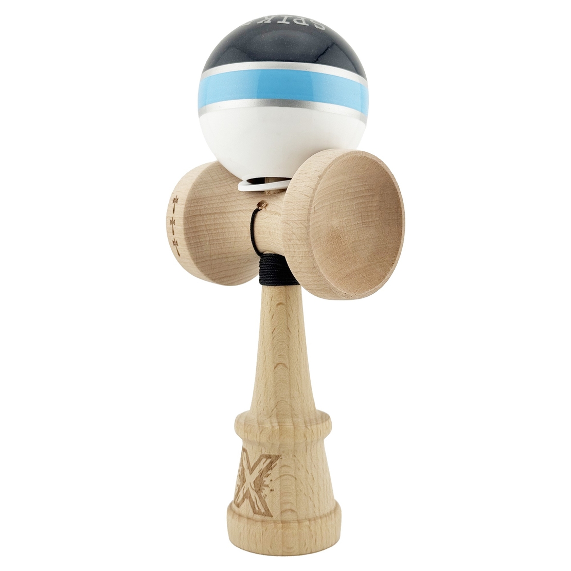 Kendama X Originala ROYAL SPIKE, Profesionala, Flippy, Cupe Mari KING SIZE V3, Super Sticky, Gaura in Baza, Rulment Metalic, din lemn 18 cm, Ata 62/65 cm, Inel Albastru deschis