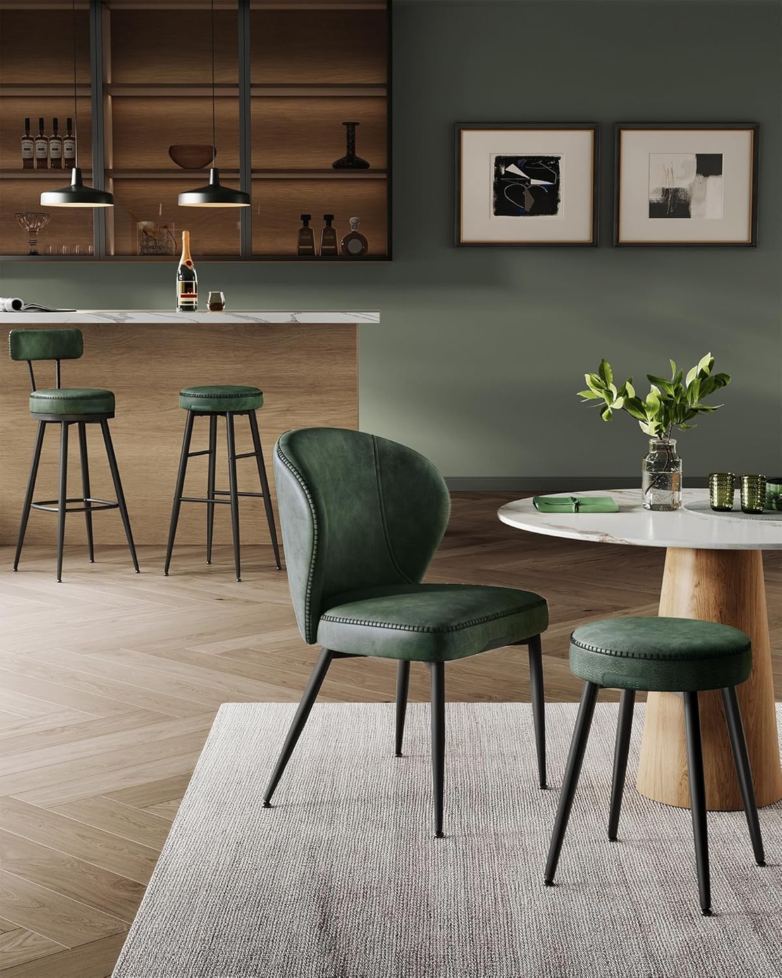 VASAGLE set 2 scaune de bar rotative 360°, cu spatar, inaltime 101 cm, piele sintetica, cadru otel, stil modern, verde