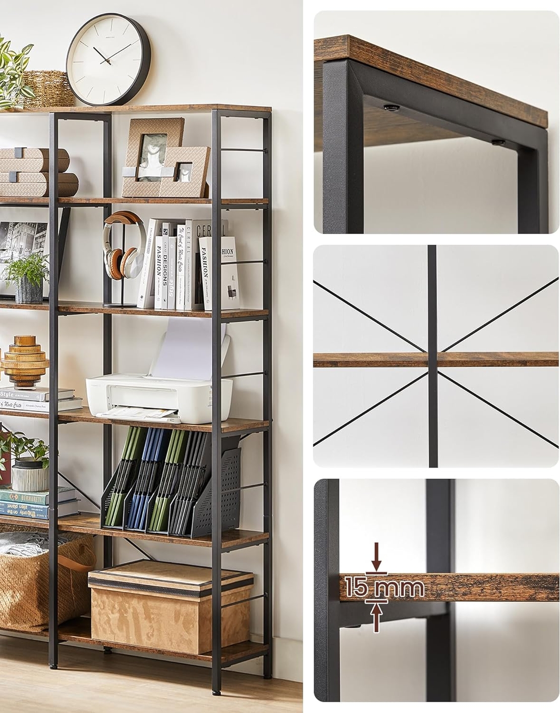 VASAGLE Biblioteca 6 rafturi, cadru metalic, stil industrial, 30x120x170 cm, maro rustic
