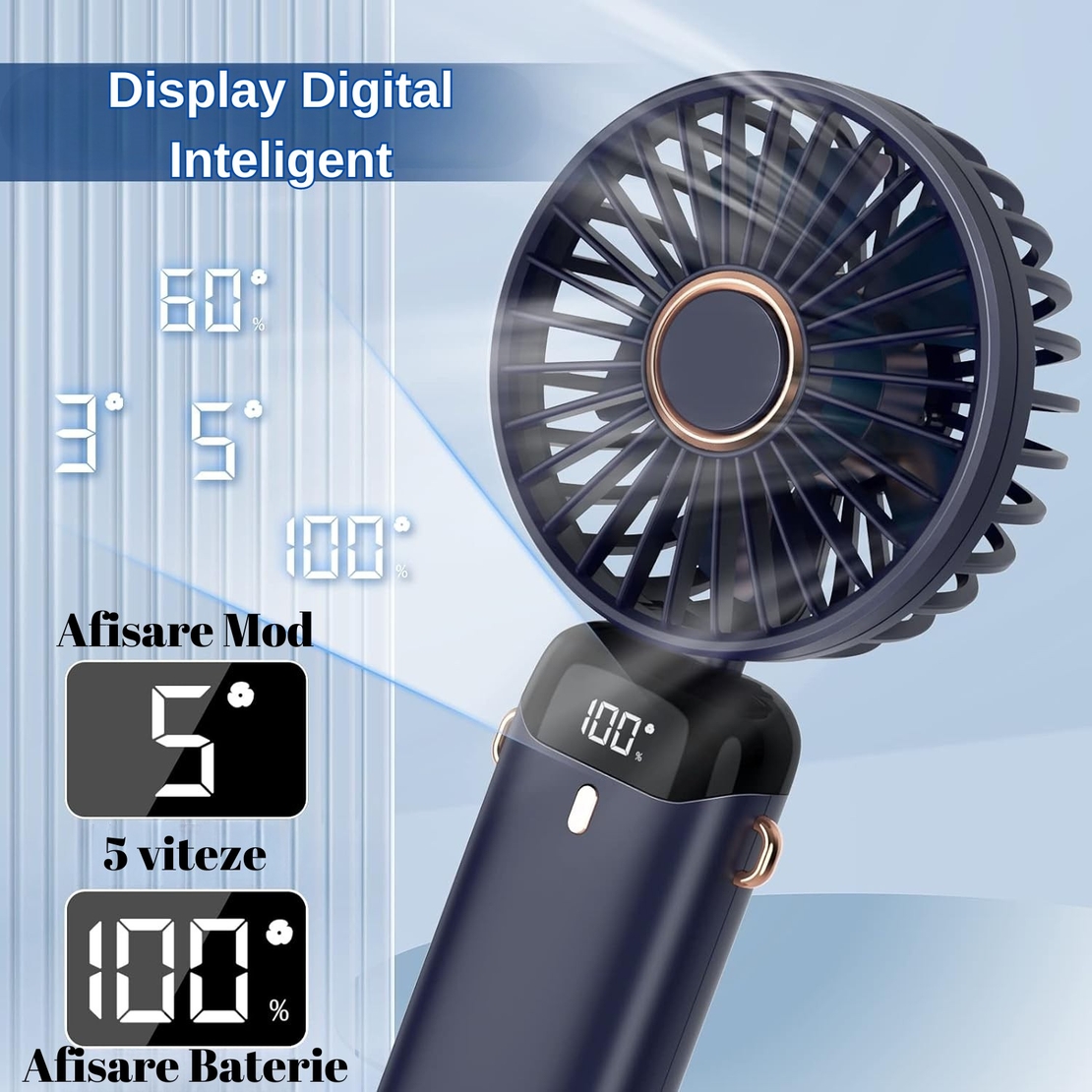 Ventilator Ultra Portabil cu Aromaterapie, Vafy, 3 in 1, de Mana, de Birou, de Gat, 5 Trepte de Viteza, Incarcare USB, Autonomie 12h, Pliabil, cu Ecran LCD, Albastru