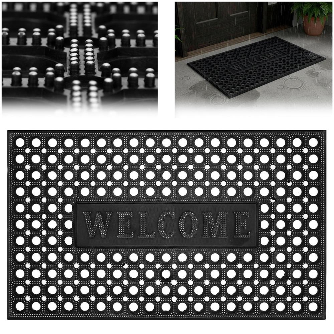 Covor de cauciuc perforat pentru intrare, PVC antiderapant, Welcome, 45x75 cm, negru