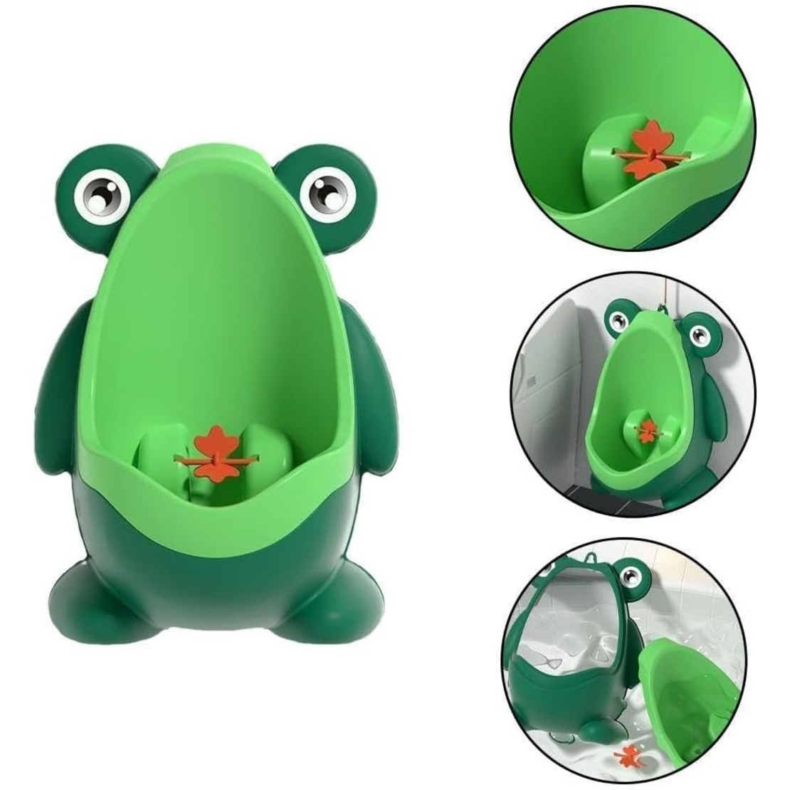 Pisoar pentru Baieti, Flippy, 0-8 Ani, in Forma de Broasca, Perie Inclusa, Montare pe Perete, Carlig Autoadeziv Inclus, 29 x 22.5 cm, Verde